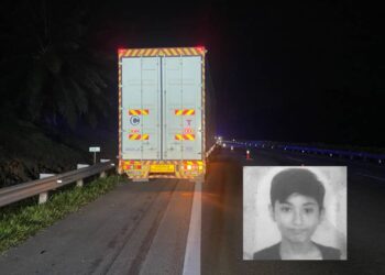 LOKASI nahas yang mengorbankan Nor Shah Asrap Reduan (gambar kecil) di Kilometer 219, PLUS (arah utara) berhampiran Alor Gajah, Melaka.