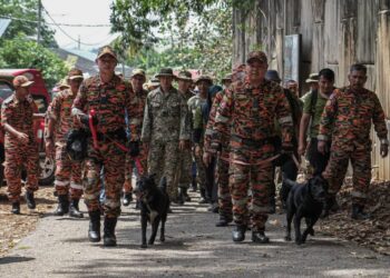 UNIT Anjing Pengesan (K-9) PDRM dan JBPM telah digerakkan di kawasan pencarian di Bukit Beruang, Melaka namun gagal menemukan sebarang petunjuk. - UTUSAN/SYAFEEQ AHMAD
