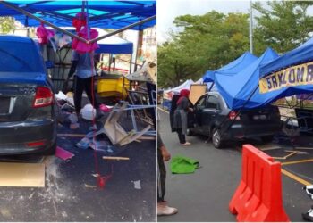 BEBERAPA buah gerai bazar Ramadan yang rosak selepas dirempuh sebuah kereta dalam kejadian di Bandar Seri Jempol, Jempol pagi tadi.