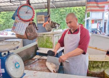 JALAL Hassan memotong ikan di gerainya di Pasar Besar MBMB, Bachang, Melaka. – UTUSAN/MUHAMMAD SHAHIZAM TAZALI