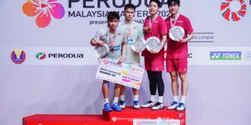 Man Wei Chong-Tee Kai Wun tunduk kepada Kang Min Hyuk-Seo Seung Jae pada perlawanan akhir beregu lelaki Malaysia Masters 2023 di Axiata Arena, Bukit Jalil, Kuala Lumpur, hari ini. Foto: SHIDDIEQIIN ZON