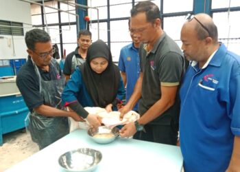 MUHAMMAD Nur Ashry Bassari (kanan) tertarik melihat kakitangan Pusat Pengembangan Akuakultur menjalankan pembenihan ikan patin di Perlok, Jerantut baru-baru ini. – UTUSAN/HARIS FADILAH AHMAD