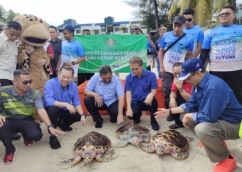 CHAN Foong Hin (dua dari kiri) bersama Adnan (kanan) melepaskan penyu agar dan karah sempena Program Sambutan Hari Laut Sedunia 2023 di Pantai Tanjung Biru, Port Dickson hari ini.-UTUSAN/NOR AINNA HAMZAH.