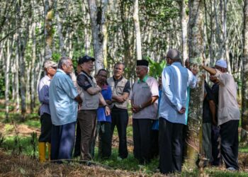 FADILLAH Yusof (tiga kiri) bersama sebahagian pekebun kecil getah ketika menghadiri Sesi Sembang Warung di Kampung Charok Gorok di Baling. - UTUSAN/ SHAHIR NOORDIN