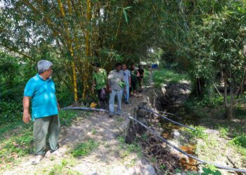MOHD. Fadzil Ibrahim menunjukkan mendapan tanah ditebing lombong berikutan air semakin surut akibat cuaca panas dan kering sejak dua bulan lalu berhampiran pusat penternakan ikan kelinya di Jalan Raja Musa, Kuala Selangor, Selangor. -UTUSAN / SADDAM YUSOFF