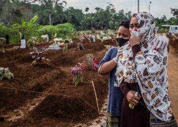 SEORANG wanita dan anaknya tidak dapat menahan kesedihan ketika menyaksikan pengebumian ibunya yang meninggal dunia akibat Covid-19 di Bogor, Jawa Barat, Indonesia. - AFP