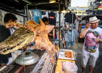DAGING buaya tidak asing lagi di Thailand dan juadahnya mudah didapati di kebanyakan gerai tepi jalan. - AFP