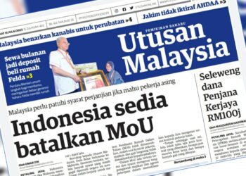 KERATAN laporan muka depan Utusan Malaysia hari ini.