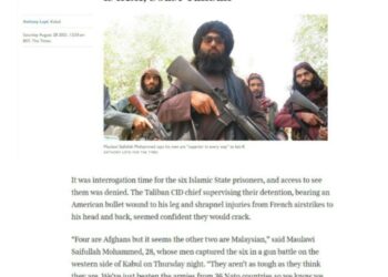 ANGKAP layar laporan The Times yang memaparkan kejayaan Taliban menawan enam pengganas Daesh-K di Afghanistan. – MEDIA SOSIAL