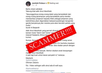 TANGKAP layar penipuan dalam laman sosial menggunakan gambar Ainul Mardhiah Ahmad Safiuddin untuk mengutip derma.