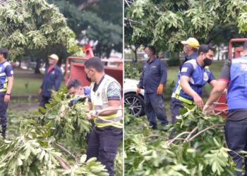 BEBERAPA anggota MPK memotong ranting kayu yang tumbang susulan hujan dan angin kencang yang berlaku di Klang, baru-baru ini. - FOTO/MOHAMAD NAUFAL MOHAMAD IDRIS