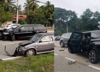 KEADAAN sebuah Perodua Alza yang terbabit dalam nahas empat kenderaan di Kilometer 36 Jalan Tampin Gemas, berhampiran persimpangan Jalan Kampung Sungai Dua, di Tampin, semalam. -MEDIA SOSIAL