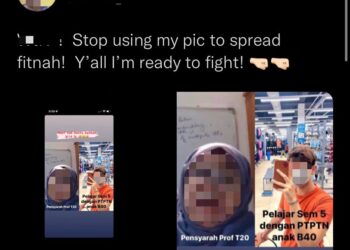 TANGKAP layar daripada ciapan yang memaparkan keluhan individu kerana gambarnya disalah guna oleh pihak tidak bertanggungjawab. 