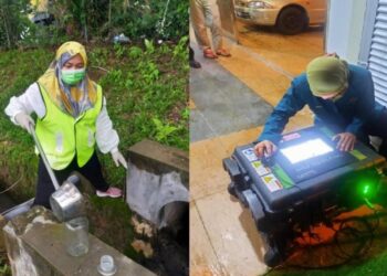 ANGGOTA penyiasat JAS Negeri Sembilan mengambil sampelan bahan tumpahan dalam longkang awam di luar bangunan kilang (kiri) dan dan melakukan pengawasan kualiti udara menggunakan 'Cerexms Gas Analyzer' susulan kejadian tumpahan bahan kimia di sebuah kilang plastik di Senawang Industrial Park, Senawang, Seremban, semalam. - IHSAN JAS NEGERI SEMBILAN