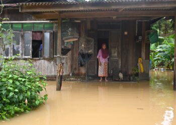 SEORANG penduduk melihat kawasan pekarangan rumahnya yang dinaiki air di Kampung Paloh, Manir, Kuala Terengganu, hari ini. - UTUSAN/PUQTRA HAIRRY ROSLI