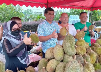 ABDUL RAZAK Abdul Rahman (tiga dari kanan) menunjukkan buah durian yang disediakan selepas merasmikan Pesta Durian Makan Sampai Puas di Hotel MITC, Ayer Keroh, Melaka. - UTUSAN/AMRAN MULUP