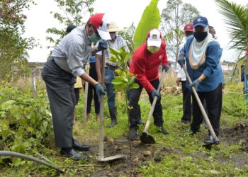 RUMAIZI Baharin (kiri), Yahanis Yahya (tengah) dan Norsiyenti Othman  menanam pokok pada Program Tanggungjawab Sosial Korporat (CSR) untuk mangsa ribut dan puting beliung di Taman Tasek Damai, Ipoh hari ini. - UTUSAN/ZULFACHRI ZULKIFLI