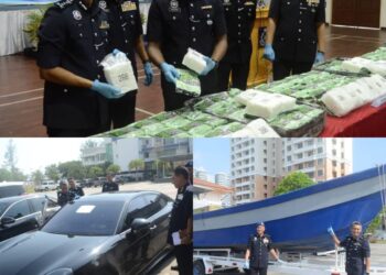 MOHD. SHUHAILY Mohd. Zain menunjukkan dadah, bot dan kenderaan mewah yang dirampas daripada satu sindiket pengedaran dadah antarabangsa yang berjaya ditumpaskan polis dalam sidang akhbar di George Town, Pulau Pinang hari ini. -Pix: IQBAL HAMDAN