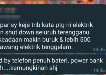 TANGKAP layar mengenai maklumat yang tular di media sosial kononnya bekalan elektrik akan dipotong di seluruh Terengganu, hari ini.