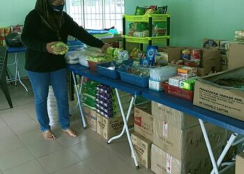 ROSMAWATI Hashim menyusun barangan keperluan makanan yang tidak putus-putus disumbangkan pelbagai pihak selepas inisiatif bank makanan di Dewan MPKK Bukit Gemuroh, Teluk Kumbar, Pulau Pinang disiarkan Utusan Online.
