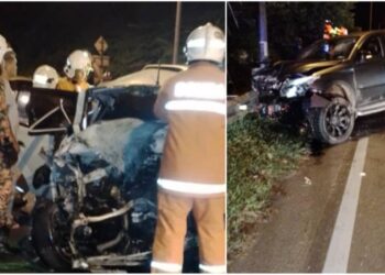 KEMALANGAN membabitkan dua buah kenderaan di Jalan Seremban-Kuala Pilah dekat Bukit Putus, Seremban malam tadi. - IHSAN BOMBA