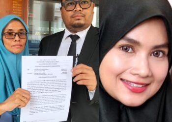 MUHAMMAD Hassanuddin Roslan dan Zuriawati Zaidi menunjukkan petisyen kebangkrapan ke atas usahawan selebriti, Norjuma Habib Mohamed di Mahkamah Tinggi Pulau Pinang, George Town hari ini.