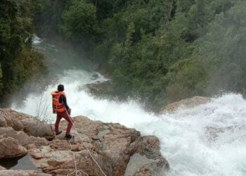 SEORANG anggota bomba mencari Abdul Wahab Mat Sulaiman yang dikhuatiri lemas selepas dipercayai tergelincir sebelum terjatuh ketika membaiki paip di tingkat lima air terjun Hutan Lipur Lata Tembakah, Hulu Besut, Besut, hari ini.