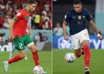 Pertemuan dua bintang, Kylian Mbappe dan Achraf Hakimi dinanti-nantikan dalam pertembungan Perancis menentang Maghribi, esok. - AFP