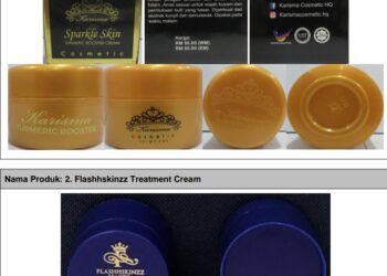 DUA produk kosmetik mengandungi racun berjadual iaitu merkuri membabitkan produk Karisma Turmeric Booster Cream dan Flashhskinzz Treatment Cream.