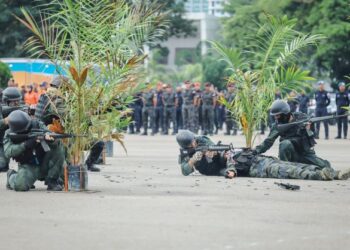 PERSEMBAHAN pantomin Op Daulat sempena peringatan 10 tahun insiden pencerobohan Kampung Tanduo di Lahad Datu, Sabah pada Istiadat Perbarisan Peringatan Hari Polis Ke-216 di Dataran Kawad Pulapol, Kuala Lumpur, semalam. - UTUSAN/FARIZ RUSADIO