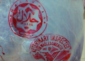 CONTOH logo pengesahan halal dan perakuan JPV yang dicetak pada setiap daging import yang diluluskan untuk dibawa masuk ke Malaysia. –  IHSAN JPV