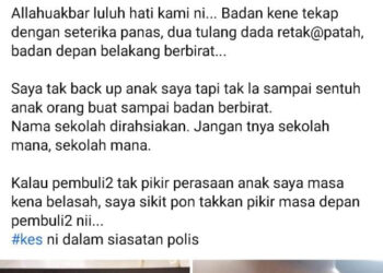 TANGKAP layar keadaan pelajar yang cedera dipercayai akibat didera rakan sekolah yang dikongsi oleh ibu pelajar itu  dalam hantaran di Facebook. - MEDIA SOSIAL