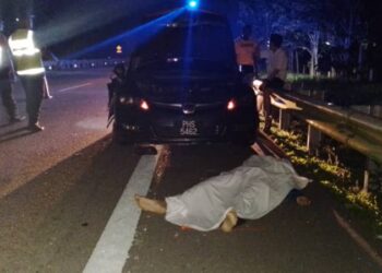 KEADAAN mangsa yang maut selepas dirempuh sebuah lori kontena di Kilometer 235.6, Lebuh Raya Utara-Selatan arah utara dekat Kuala Kangsar hari ini. - UTUSAN/JBPM PERAK