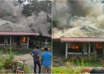 SEBUAH rumah di Felda Palong 7, Jempol musnah dalam kejadian kebakaran pagi tadi. - FOTO/MEDIA SOSIAL