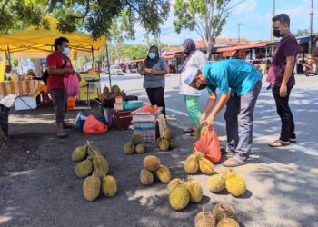 ORANG ramai membeli durian kampung yang dijual pada harga RM10 selonggok di Kuala Kangsar, Perak, semalam. - UTUSAN/ MOHAMAD HAFIZI MOHD SAID