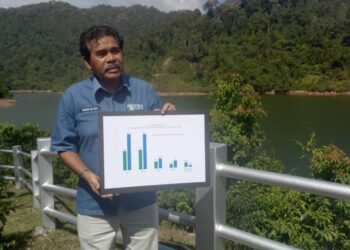 JASENI Maidinsa menunjukkan perbandingan taburan hujan di Empangan Teluk Bahang dan Empangan Air Itam ketika meninjau Empangan Air Itam, Pulau Pinang hari ini.