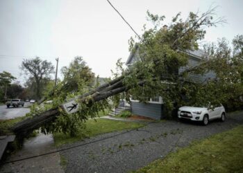 SEBATANG pokok tumbang menghempap kenderaan selepas Ribut Fiona membadai Kanada di Nova Scotia, kelmarin. - AFP
