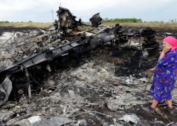 SEORANG penduduk tempatan menyaksikan sebahagian bangkai pesawat MH17 yang terbakar selepas kapal terbang itu terhempas ketika melalui timur Ukraine pada 19 Julai 2014. - AFP
