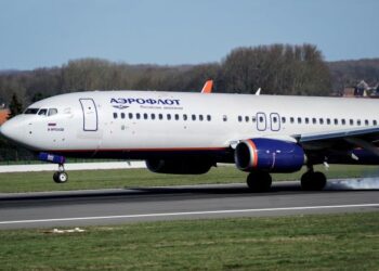 PESAWAT Aeroflot milik Russia mendarat di Lapangan Terbang Brussels di Zaventem, Belgium.-AFP