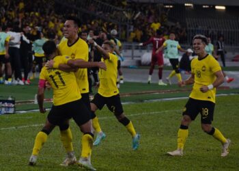PEMAIN Malaysia meraikan jaringan ketika menentang Singapura dalam aksi terakhir Kumpulan B Piala AFF 2022 di Stadium Nasional Bukit Jalil hari ini.