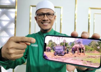 ABDUL Latiff Abdul Rahman menunjukkan foto operasi pemindahan gajah liar di Kampung Chatel, Lata Rek di Kuala Krai Kelantan. - UTUSAN/MUSTAQIM MOHAMED
