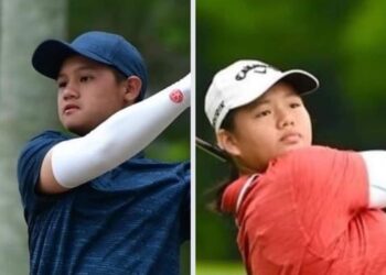 ANSON Yeoh Boon Xiang (kiri) dan Ng Jing Xuan masing-masing mendahului kejohanan golf Amatur Terbuka Perak selepas tamat pusingan kedua di Ipoh, hari ini.