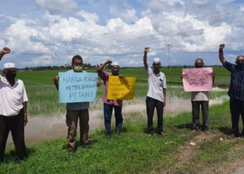 MOHD. Fuad Yaacob (tiga dari kanan) bersama beberapa pesawah mengadakan bantahan kenaikan harga racun rumpai di Alor Janggus, Alor Setar, Kedah, hari ini. - FOTO/MOHD. RIFAAT ABD. HAMID