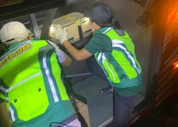 PETUGAS Perhilitan membawa keluar sangkar yang mengandungi burung helang disembunyikan dalam tempat bagasi bas ekspres. – IHSAN PERHILITAN 
