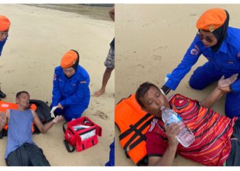 KEADAAN dua pemancing yang kelihatan lemah setelah tiga hari hanyut di laut sebelum ditemukan oleh orang awam di Teluk Juara, Pulau Tioman di Rompin, Pahang. - FOTO IHSAN MARITIM MALAYSIA PAHANG.
