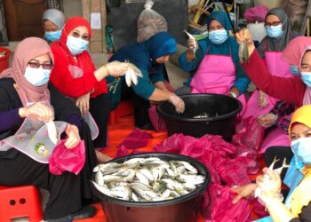 Sukarelawan wanita membantu membungkus ikan kembung segar sebelum diagih-agihkan kepada penduduk di Ambangan Heights,  Amanjaya, Sungai Petani, Kedah semalam.