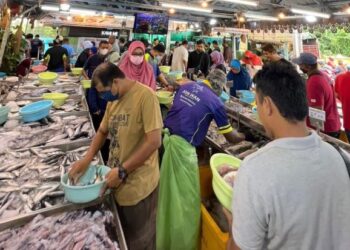 PELANGGAN sedang membeli hasil laut termasuk ikan kembung dan jenahak yang kembali stabil dan dijual lebih murah di Pasar Tikam Batu, Sungai Petani. -UTUSAN/NUR SYAZWANA MANSOR