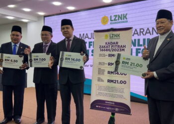 NORIZAN Khazali (dua dari kanan) menunjukkan kadar zakat fitrah di Kedah selepas Majlis Pelancaran Zakat Fitrah Online dan Program Jom Sedekah Food LZNK di Menara Zakat, Alor Setar.