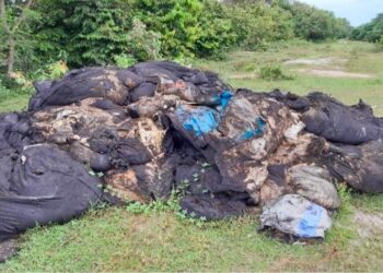 LONGGOKAN bahan buangan terjadual diisi dalam guni sebelum dibuang di tebing Sungai Linggi, dekat Kampung Barisan, Linggi, Port Dickson, Negeri Sembilan.