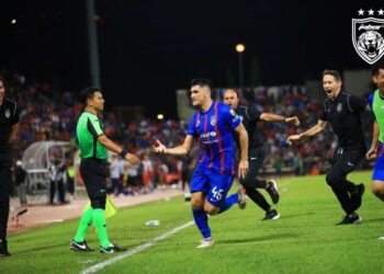 FERNANDO Forestieri meraikan gol kemenangan JDT pada waktu kecederaan. – IHSAN JOHOR SOUTHERN TIGERS